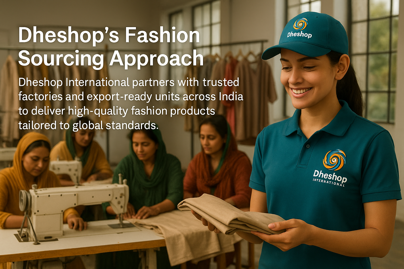Dheshop International employee overseeing fashion sourcing and quality checks in an Indian garment factory
